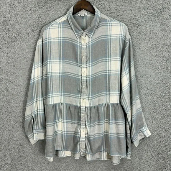 American Eagle Button Up Tunic Top Womens Large Gray Plaid Oversized Ruffle Boho - Picture 1 of 8